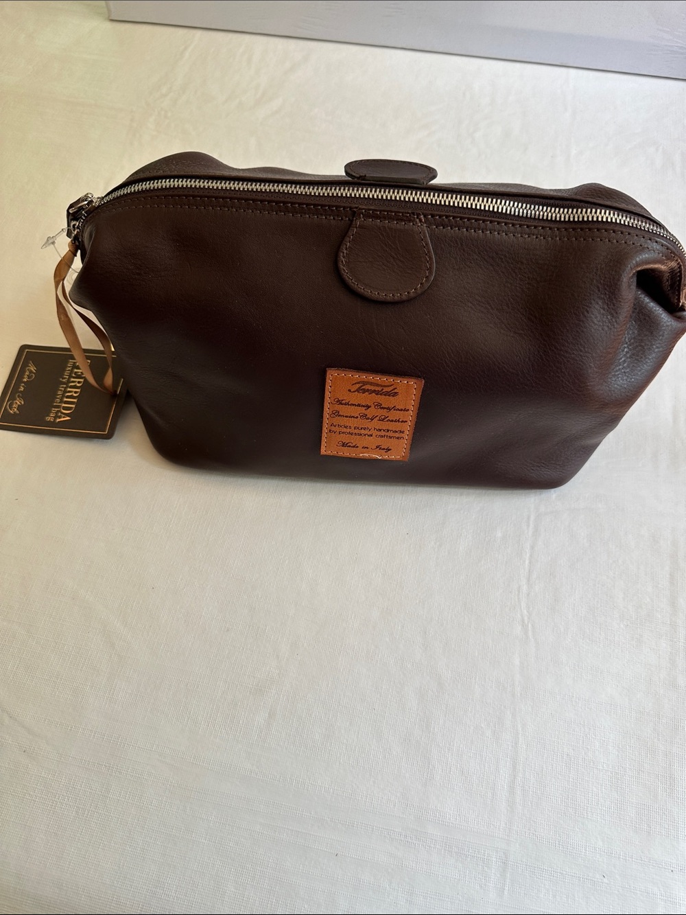 Terrida Genuine Calf Leather Toiletry Travel Bag Made in Italy Brown Zip Top NWT - Picture 14 of 14